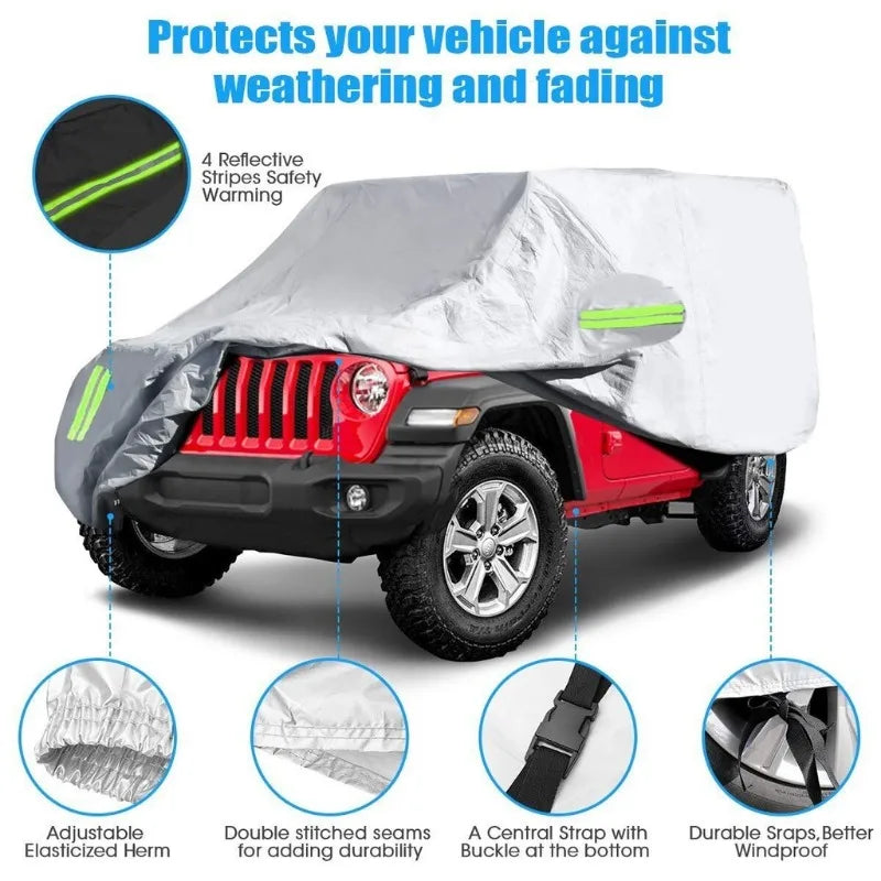 All-weather outdoor car cover for a Jeep Wrangler featuring reflective stripes and durable straps