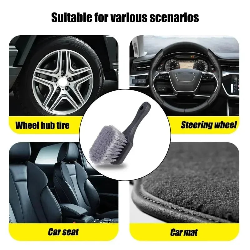 A set of tools including a wheel hub tire cleaning brush, steering wheel cleaning tool, car seat cover, and car mat.