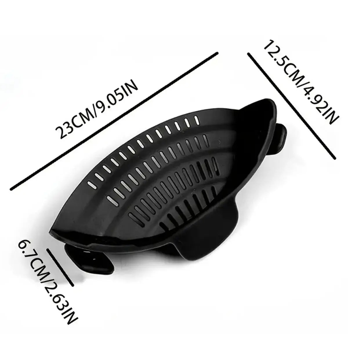 Black adjustable clip-on pot strainer with dimensions 23cm/9.05in and 12.5cm/4.92in