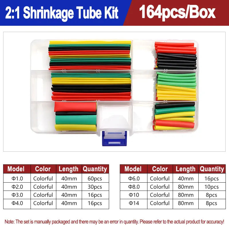 A box of heat shrink tubing kits showing various colors and lengths organized in compartments.