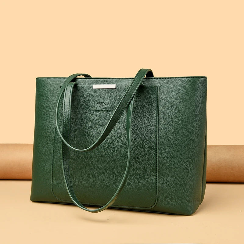 Genuine Leather Tote Bag with Multiple Pockets &amp; Zipper Closure