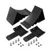 Black heavy-duty rubber wheel chocks with non-slip grip shown in various angles and with mounting hardware