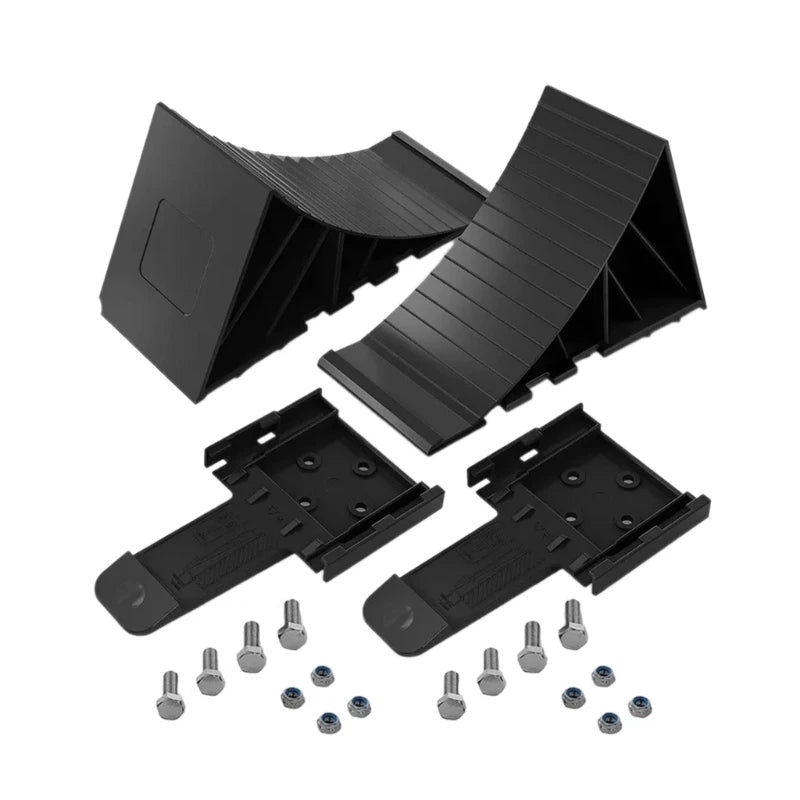 Black heavy-duty rubber wheel chocks with non-slip grip shown in various angles and with mounting hardware