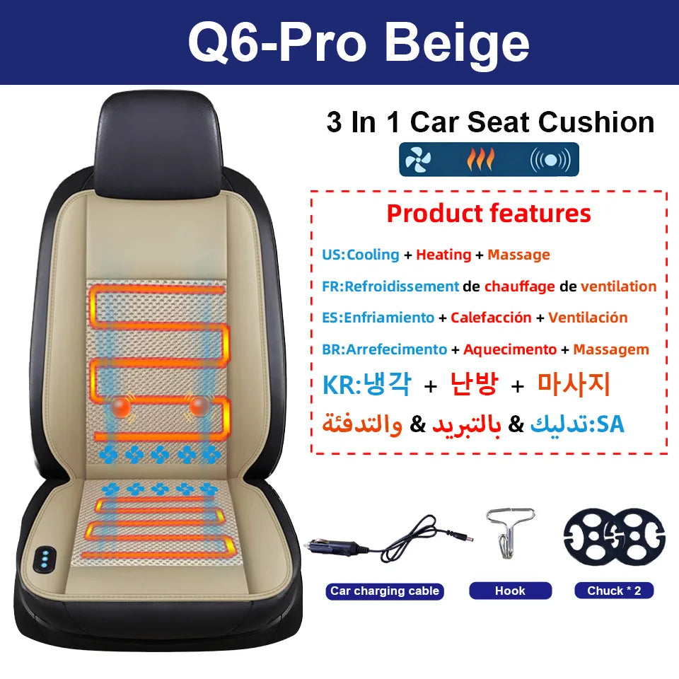 Q6-Pro Beige 3 in 1 car seat cushion featuring heating, cooling, and massage functions