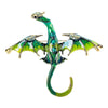 A green enamel dragon brooch featuring rhinestone accents and a curved tail.