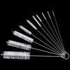 A set of ten nylon bottle and straw cleaning brushes extending outwards against a black background.