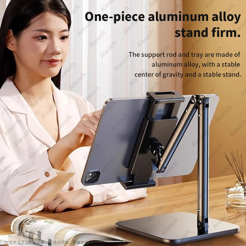 A woman is using a one-piece aluminum alloy stand firm tablet holder for viewing.