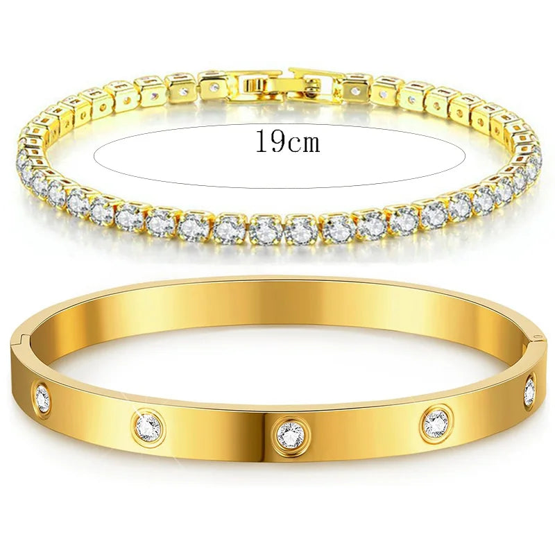 14K Gold-Plated CZ Tennis Bracelet & Bangle Set