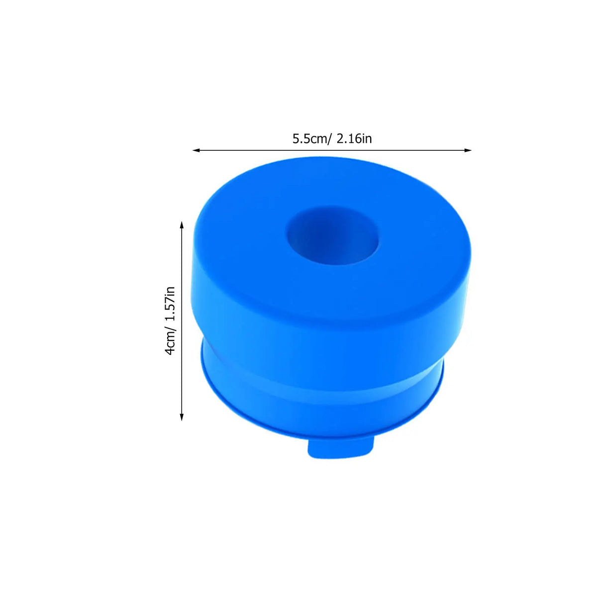A blue reusable silicone water jug cap with a central hole, shown from above.