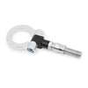 A silver universal racing tow hook with a threaded end and black connector.