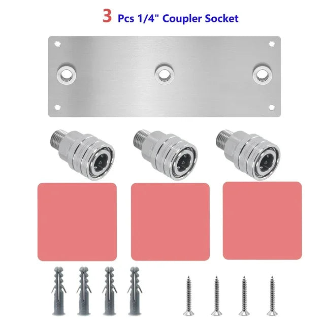 Three 1/4 inch coupler sockets and various mounting screws for a pressure washer accessory storage rack.