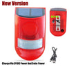 A red solar-powered motion sensor alarm unit with a built-in siren and strobe light, shown next to its charging cable.