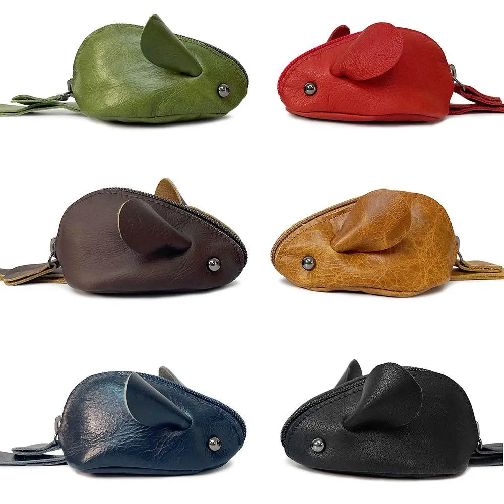 Four genuine leather cartoon mouse coin purses in green, red, brown, and black.