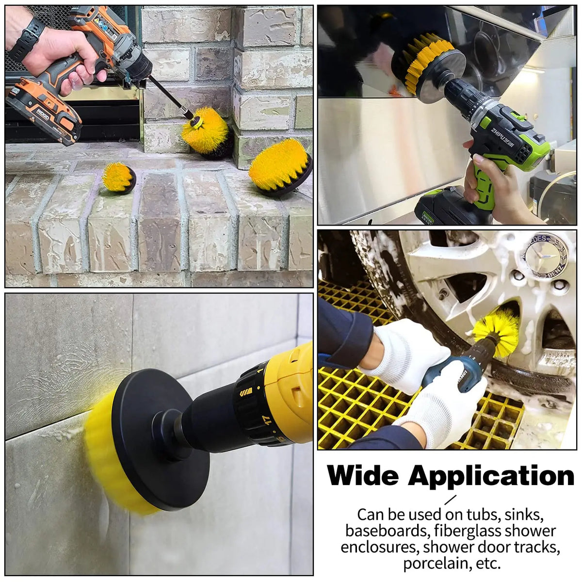A set of yellow rotary cleaning brushes with extension shafts being used for cleaning various surfaces.