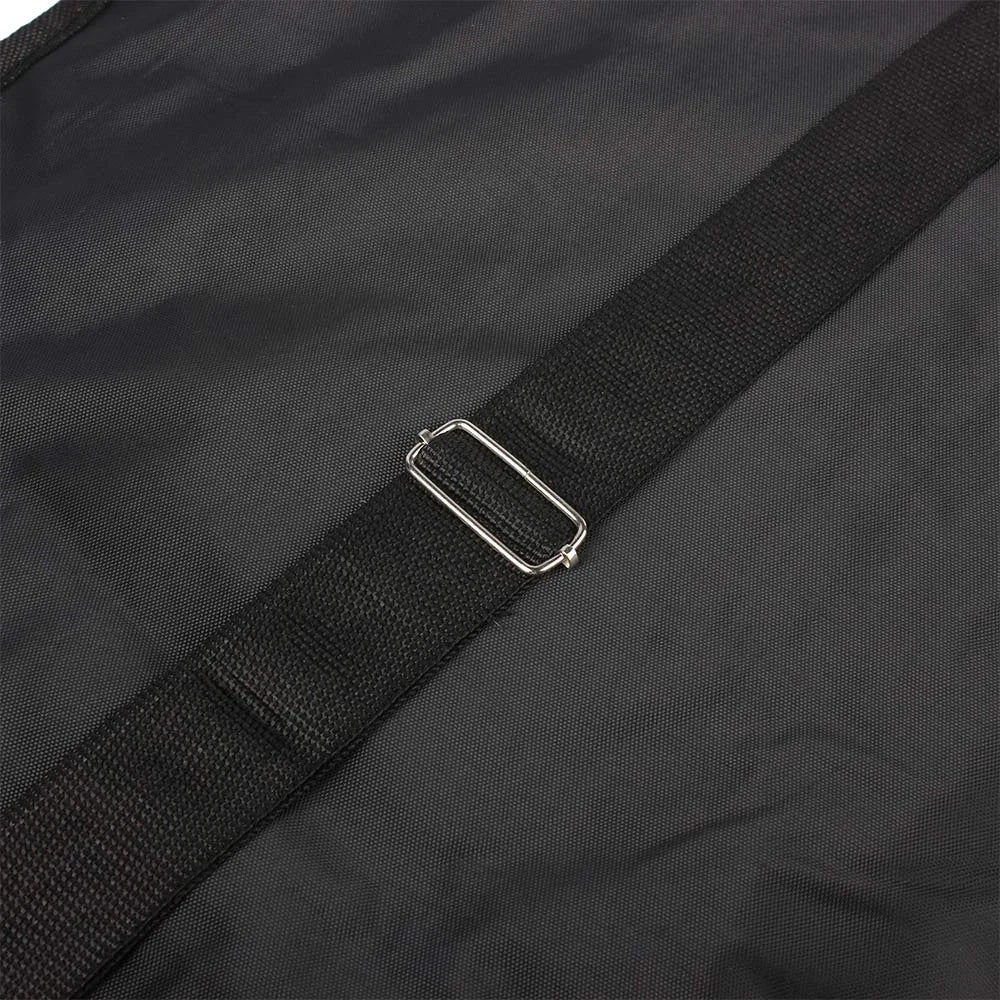Black acoustic guitar soft case featuring a padded shoulder strap detail.