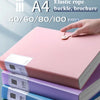 Pink A4 expanding file organizer with elastic rope buckle and clear pocket dividers stacked on other files