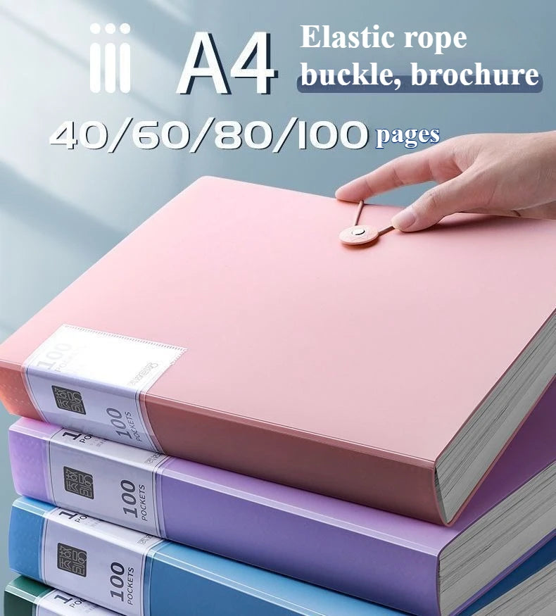 Pink A4 expanding file organizer with elastic rope buckle and clear pocket dividers stacked on other files