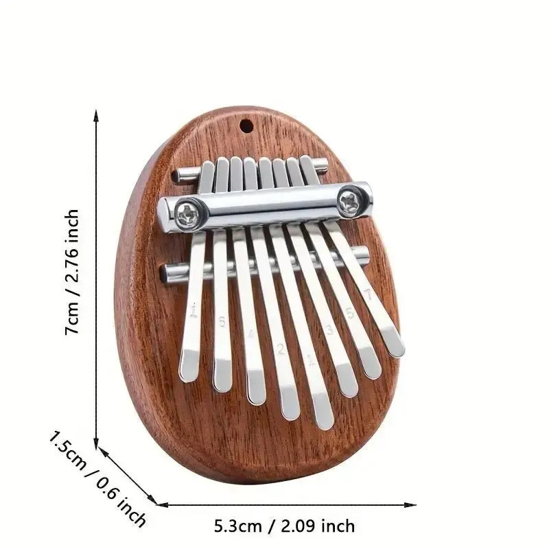 A wooden kalimba thumb piano featuring eight metal tines mounted on a circular wooden board.