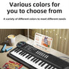 A black electronic piano with a microphone is shown on a table, surrounded by colorful sheets of music.