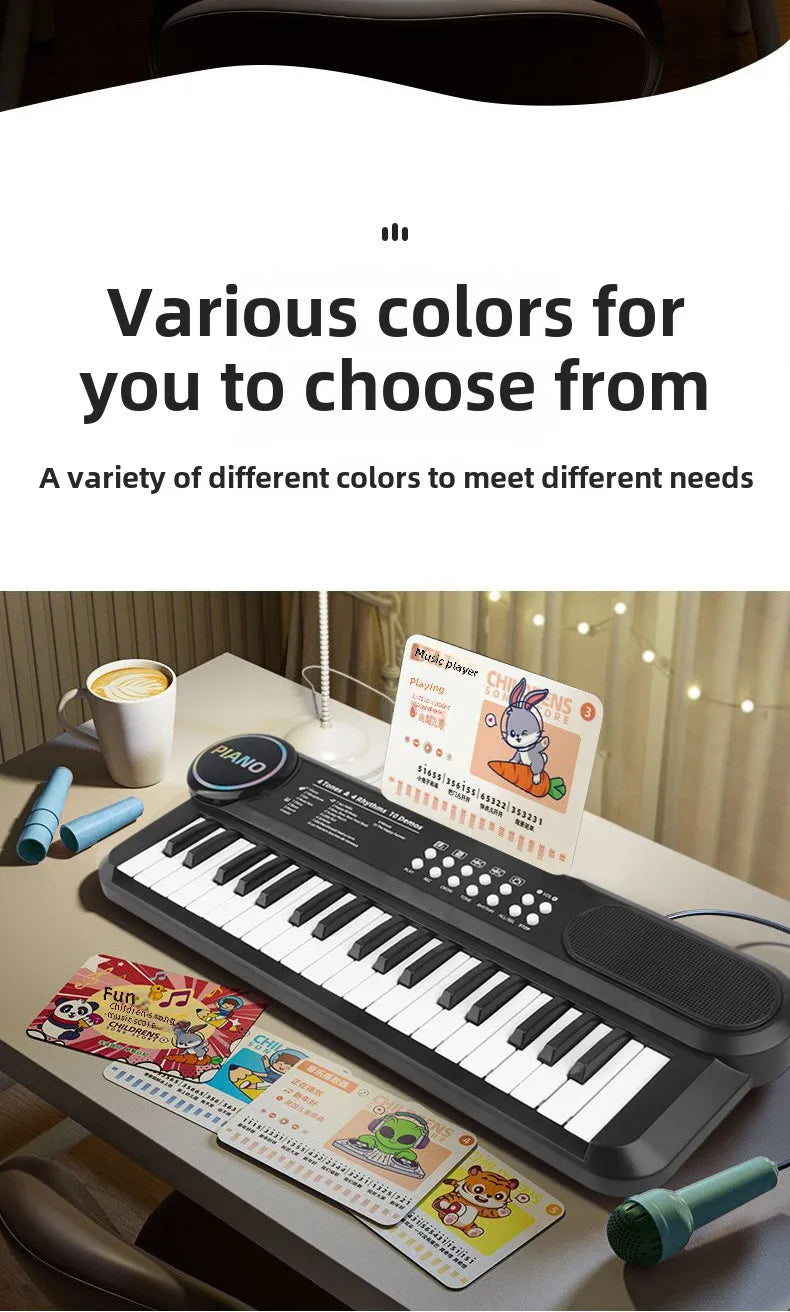 A black electronic piano with a microphone is shown on a table, surrounded by colorful sheets of music.