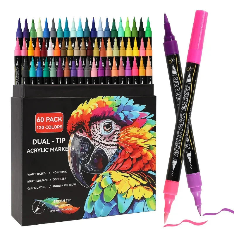 A box of 60 dual-tip acrylic paint markers featuring an toucan design, showing various bright colors.