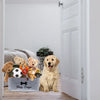 A grey storage basket with wooden handles filled with various felt pet toys including teddy bears and a soccer ball.