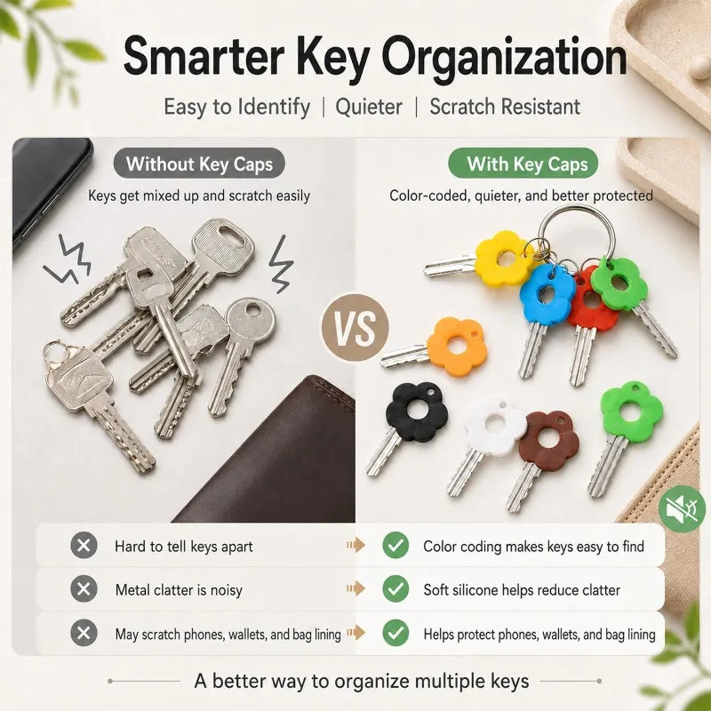 Set of colorful silicone key covers for organizing and protecting multiple keys