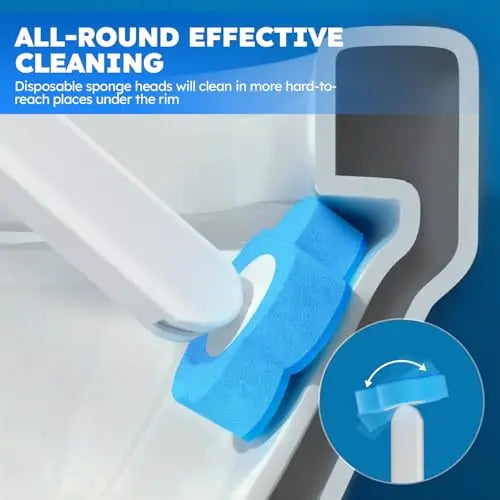 A white wall-mounted disposable toilet brush set with a blue replacement head is shown cleaning inside a toilet bowl.
