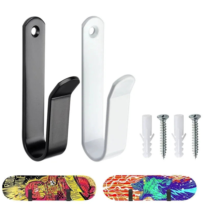 Black and silver snowboard wall mount clips with screws shown alongside various mounting options.
