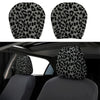 Two leopard print car headrest covers shown separately and installed in a vehicle seat.