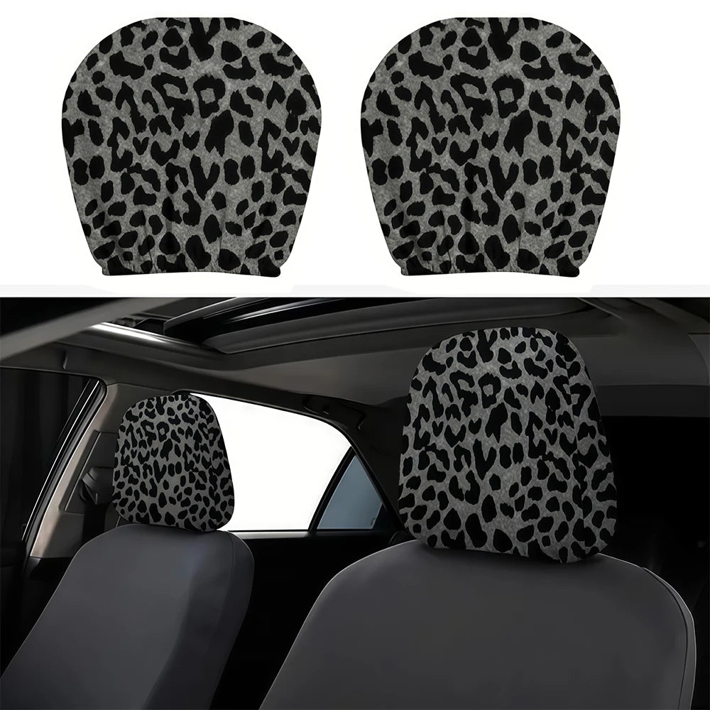 Two leopard print car headrest covers shown separately and installed in a vehicle seat.