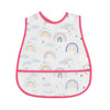 A white baby feeding bib featuring colorful rainbows and clouds with a pink trim.