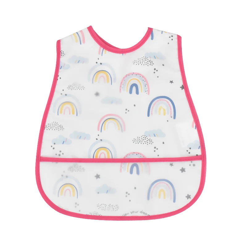 A white baby feeding bib featuring colorful rainbows and clouds with a pink trim.