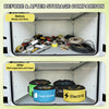 Before and after comparison of storage organization in an RV compartment showing messy items versus well-organized bags.