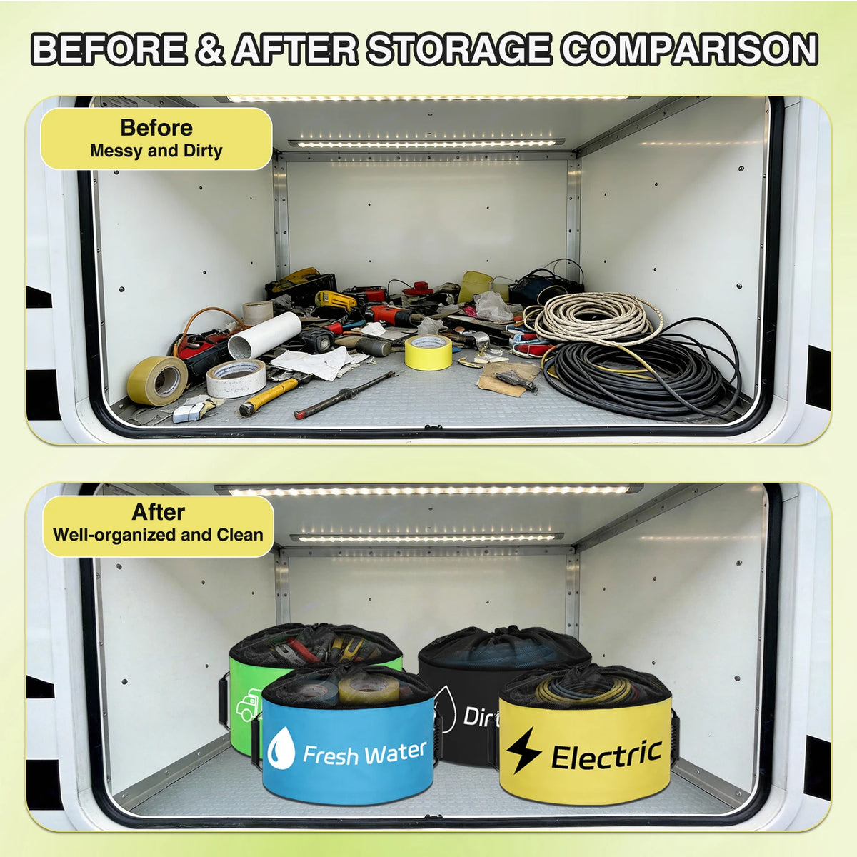 Before and after comparison of storage organization in an RV compartment showing messy items versus well-organized bags.