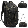 A camouflage tactical gym backpack with a shoe compartment shown in multiple views.