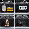 Four images showing various car trunk storage solutions including travel luggage, a swimming ring, a dog car boot protector, 