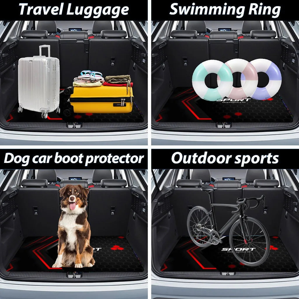 Four images showing various car trunk mats and accessories including travel luggage, swimming rings, dog car boot protector, 