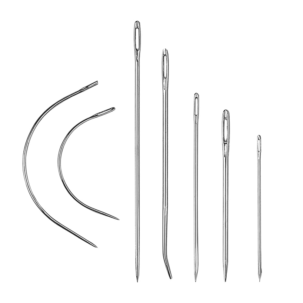 A set of seven heavy-duty leather sewing needles, including various sizes and shapes.