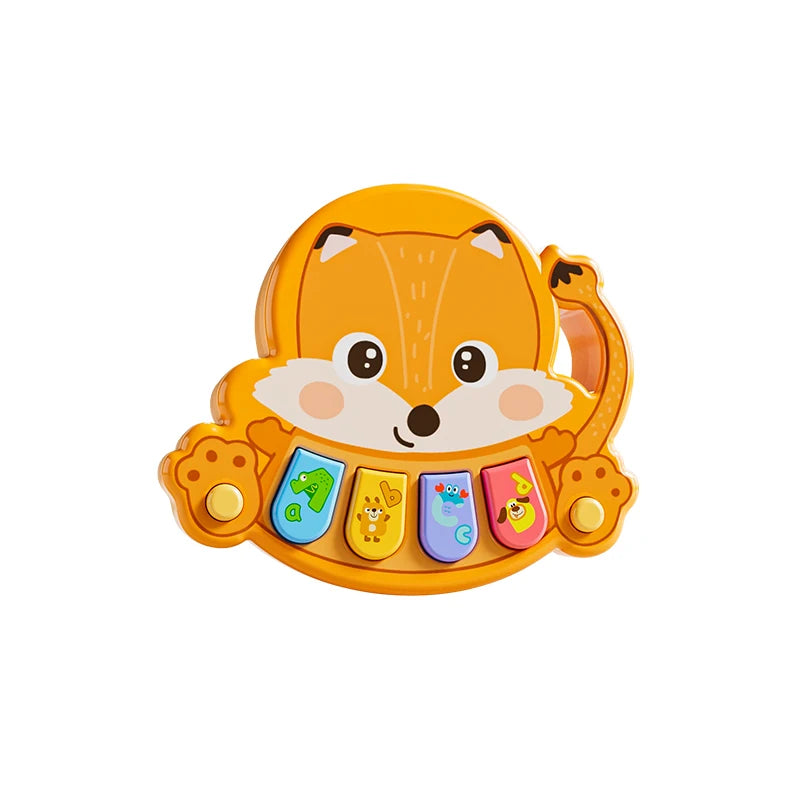 An orange fox-shaped interactive animal piano toy for toddlers with colorful buttons.