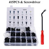 A set of 415 plastic retainer clips and a screwdriver shown in an open storage case.
