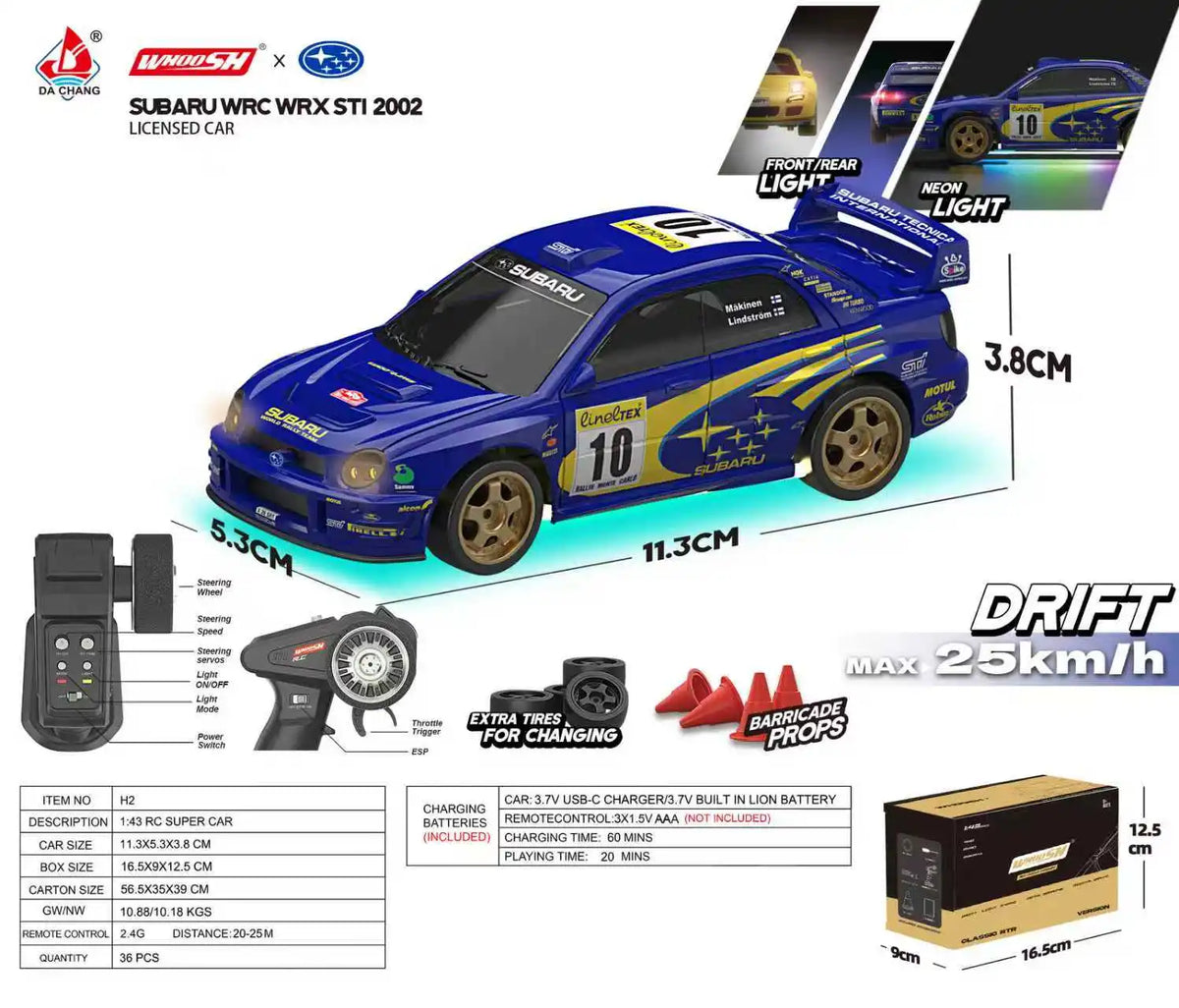 A blue Subaru WRX STI 2002 licensed RC drift car with accessories and packaging details.