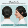 A woman is shown wearing a black disposable non-woven bouffant cap designed to block dirt and prevent hair contamination.