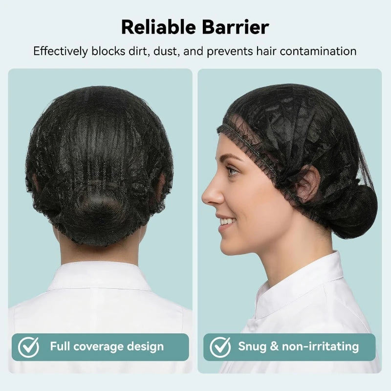 A woman is shown wearing a black disposable non-woven bouffant cap designed to block dirt and prevent hair contamination.