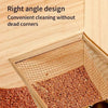 A stainless steel cat litter scoop with a fine mesh sifter is shown scooping reddish-brown litter from a wooden box.