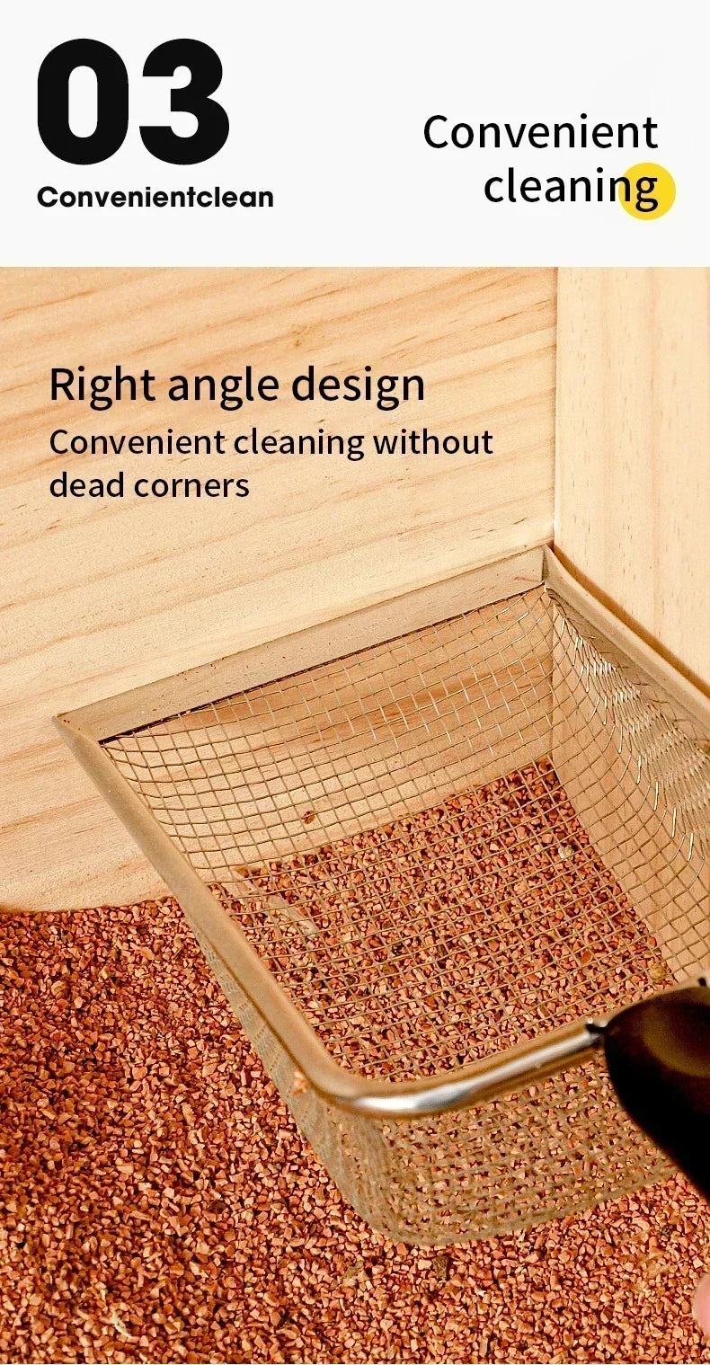 A stainless steel cat litter scoop with a fine mesh sifter is shown scooping reddish-brown litter from a wooden box.