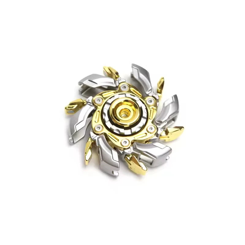 A precision metal fidget spinner with silver and gold components.
