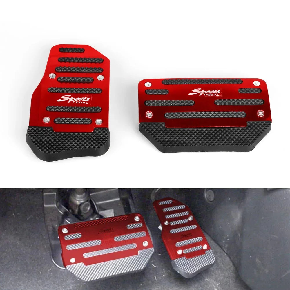 Red aluminum non-slip pedal covers for car brake and accelerator pedals.