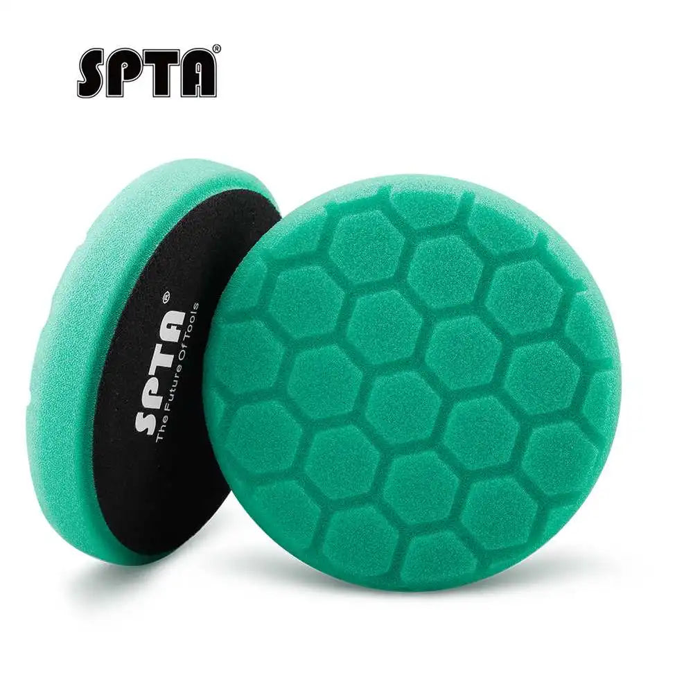 A pair of green hex-logic foam buffing pads for rotary and dual-action polishers.