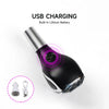 A black gear shift knob with an LED light and built-in lithium battery for USB charging.